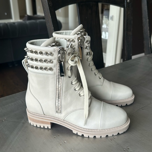 Christian Louboutin winter spikes flat calf leather motorcycle combat boot 37.5 - Picture 1 of 12